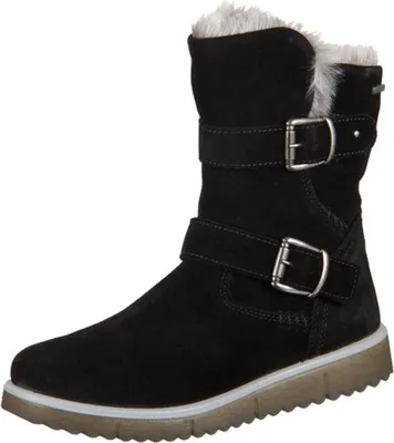 A black winter boot with fur lining and buckles.