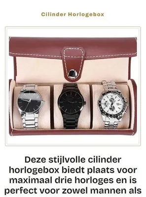 Produktbild von Uhrenhalter Zylinder – Drehbarer Uhrenhalter – Aus Polyurethan (PU) – Für drei Uhren – Leicht – Langlebiges Plüschmaterial – Uhrenaufbewahrungsbox