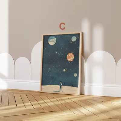 Produktbild von Astronaut Poster Kinderzimmer · Geschenkidee für Kinder · Kinderzimmer Deko · Weltraum Rakete & Planeten · Deko Print ohne Rahmen · Motiv C · 30 × 40 cm