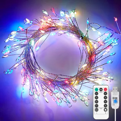 Produktbild von 6m 200 LED Kupferdraht Cluster Lichterkette Wasserdicht 8 Lichtmodi USB mit Fernbedienung für Party Hochzeit Weihnachten Deko, Bunt