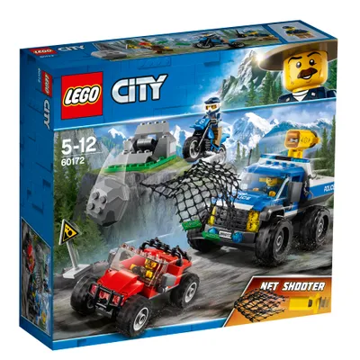LEGO City set packaging showing a chase scene with police vehicles, a motorcycle, and a falling rock.