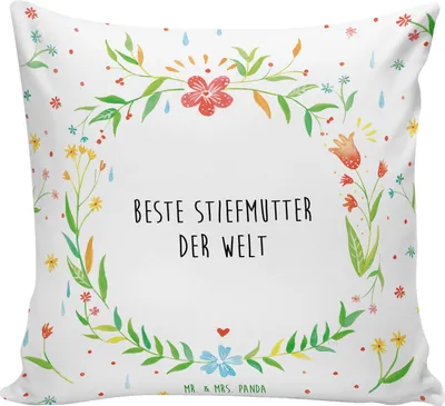 Produktbild von Mr. & Mrs. Panda Dekokissen Stiefmutter - Weiß - Geschenk, kuschelkissen 40x40, kissen bedruckt, Deko, Kuschel, Stief Mutter, Tochter, Mama, Mami, Dankeschön