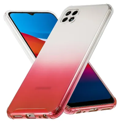 A phone case with a gradient color from white to pink to red, shown with a phone inside.