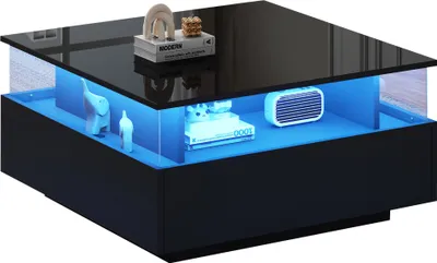 Image de Table basse LED avec 2 tiroirs et un espace de présentation transparent – Capacité de charge jusqu'à 30 kg, idéale pour les salons élégants,
