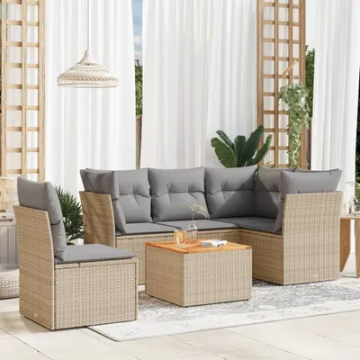 Produktbild von Design 6-tlg. Garten-Sofagarnitur mit Kissen Beige Poly Rattan, Gartenmöbel-Sets 2024 Neu