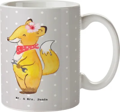 Produktbild von Mr. & Mrs. Panda Motivtasse Kfz-Mechatronikerin Herz - Grau Pastell - Geschenk, Gesellenprüfung, Meisterin, Kaffeetasse, Trinkbecher, Keramiktasse, Ausbildung, Werkstatt