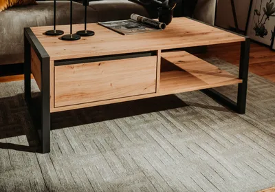 Produktbild von Couchtisch Wohnzimmer Tisch Eiche Artisan Industrial Design Schublade und Stauraum Malta 100 cm