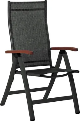A single folding chair with wooden armrests on a white background.