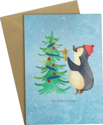 Produktbild von Mr. & Mrs. Panda Grußkarte Pinguin Weihnachtsbaum - Eisblau - Geschenk, glückwunschkarten, einladungskarten, osterkarte, osterkarten, Grußkarten, Winter, Weihnachten