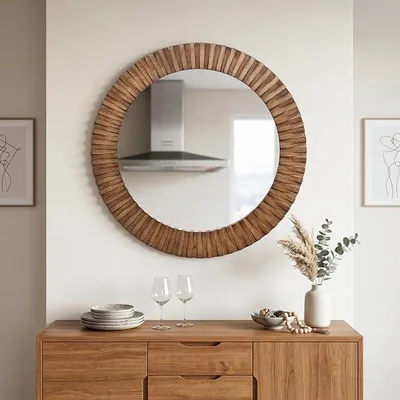 Imagen del producto de Espejo redondo de 74 cm con marco de madera de roble, estilo vintage, para colgar en la pared