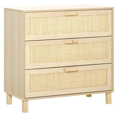 Image de HOMCOM Commode 3 tiroirs cannage en rotin dim. 80L x 40l x 80H cm MDF Aspect Bois Clair