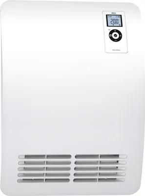 A white electric heater with a digital display and control panel.
