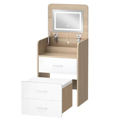 Zdjęcie produktu dla ALFORDSON Elegancki toaletka do nowoczesnych sypialni, wyposażona w podświetlane lustro, składaną półkę i wbudowaną przestrzeń do przechowywania, wykonana z dębu
