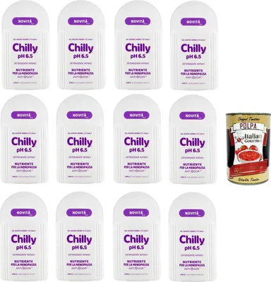 Produktbild von Chilly ph 6.5 detergente intimo Nutriente per la menopausa pH 6,5 Pflegender Intimreiniger für die Wechseljahre 12x200 ml+ Italian Gourmet polpa 400g