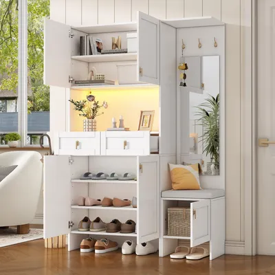 Zdjęcie produktu dla Komplet mebli do przedpokoju "Flieks" z szafą na buty i półką na buty, garderoba ścienna z 3 haczykami, 5 drzwiczkami, 2 szufladami i 1 lustrem, kolor biały