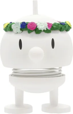 A small, white Hoptimist figure with a flower crown.
