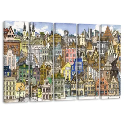 Produktbild von 5-teiliges leinwandbild fröhliche stadt 100x70 cm Feeby farbe wandbild bereit zum aufhängen