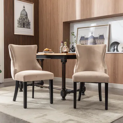 Image de okwish Lot de 2 chaises salle à manger, velours beige, pieds bois massif, dossier capitonné, cuisine ou salon