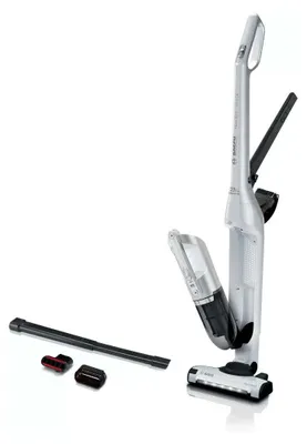 A white cordless stick vacuum cleaner with accessories on a white background.
