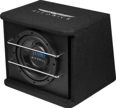 A black HIFONICS subwoofer in a bass reflex box.