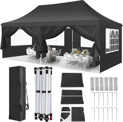Obrázok produktu pre Pavilón - Pop-up skladací párty stan - 3x6 m - VodotesnýPolyuretánpovlak - UV 50+ - Nastaviteľná výška 2-3 m - 6 bočných stien - Hliníkový rám - Čierna farba