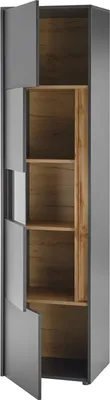 A tall, narrow cabinet with two doors, one of which is open, revealing shelves inside.