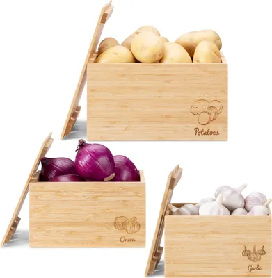 Produktbild von Navaris 3x Behälter für Lebensmittel - stapelbare Bambus Kisten - rustikale Vorratsbehälter Aufbewahrung für Kartoffeln Zwiebeln Knoblauch - 3er Set