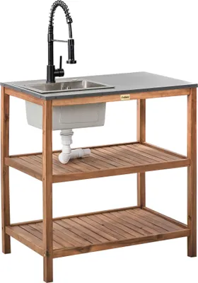 Obrázek produktu pro BELIANI Venkovní kuchyňský regál s dřezem hnědá černá akáciové dřevo 80 x 50 x 83 cm policový regál zahrada letní kuchyně