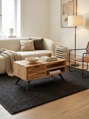 Produktbild von Couchtisch 95x45x45 cm Akazie Wohnzimmertisch Massivholz Rechteckig, Holztisch mit Stauraum, Sofatisch mit Schublade, Tisch Wohnzimmer Massiv