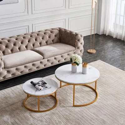 Image de ProximaX table basse, table de salon, style moderne 2pcs. avec motif en marbre, 80x45cm+60x33cm, marbre blanc-or