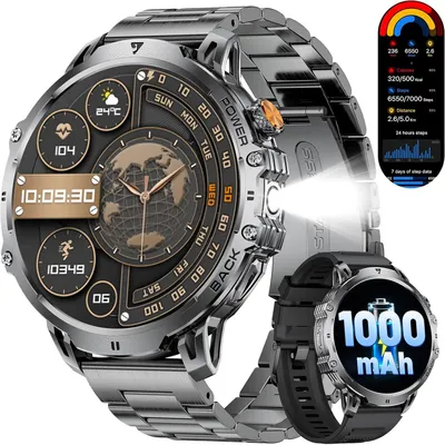 Produktbild von 2026 Smartwatch für Herren im Militärstil 1000 mAh Akku, Taschenlampe, über 110 Sportmodi, 2 Armbänder, IP68- mit Puls-, SpO2