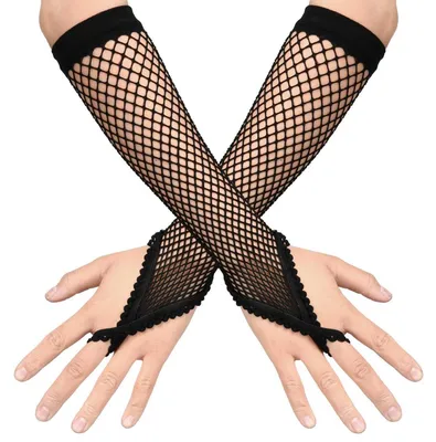 Produktbild von Lang Fingerlose Netzhandschuhe Damen Fischnetz Schwarz Nylon
