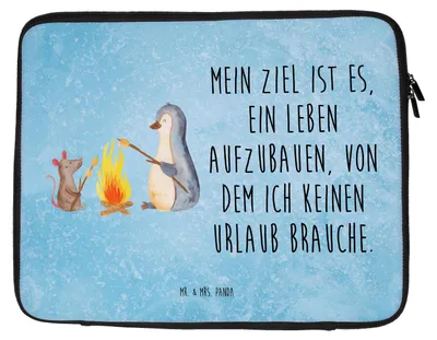 Produktbild von Mr. & Mrs. Panda Laptop Tasche Pinguin Lagerfeuer 33 x 42 cm - Eisblau - Geschenk, Hülle, Job, Maus, Arbeit, Laptoptasche, Laptophülle, Sleeve