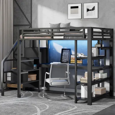Produktbild von Flieks Etagenbett 140x200cm mit Schreibtisch und Usb, Jugendbett Hochbett mit Kleiderstange und Led, Kinderbett Doppelbett mit Regal, Metall Schwarz