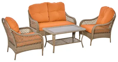 Immagine prodotto di Set da Giardino Divano 2 Poltrone e Tavolino in Rattan con Cuscini Arancione