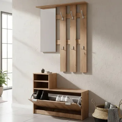 Image de Tonengo - Meuble d'Entrée, 100x29x192h cm Chêne Marron Nœuds, Miroir Compris