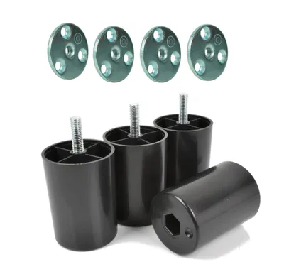 Obrázok produktu pre Sada 4 ks plastových nožičiek na nábytok, čierne, M8 x 25 mm, výška 80 mm, vrátane 4 ks montážnych podložiek z ocele Ø 40 mm, nožičky na pohovky, postele a skrine