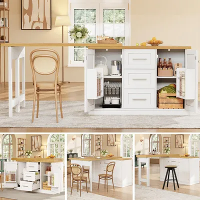 Obrázek produktu pro Kuchyňský ostrůvek s výsuvným jídelním stolem, rozměry 120x40x74 cm, otočné desky o 360°, multifunkční pracovní deska, bílá barva