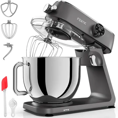 A kitchen mixer with various attachments is displayed against a white background.