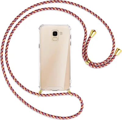 Produktbild von Handykette Backcover-Schutzhülle mit Band (Metall goldfarben) für Samsung Galaxy J6 2018 - weinrot/gelb/grau