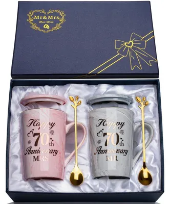 Immagine prodotto di Set di tazze da caffè per il 70° anniversario di matrimonio, in Vetroceramica, colore grigio e rosa, set da 2 pezzi con cucchiaini e biglietto