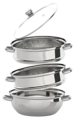 Immagine prodotto di Pentola a vapore in acciaio inossidabile - Cottura a vapore a 3 livelli - Coperchio in vetro, maniglie resistenti al calore - Adatta per fornelli a gas, a induzione ed elettrici - 32,5 x 25 cm - Argento
