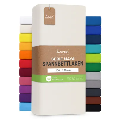 Produktbild von Lavea® Spannbettlaken 200x220cm, Maya, 100% Baumwolle, Boxspringbetten, Wasserbetten, atmungsaktives Bettlaken Matratzen bis 35cm - Creme Naturweiß