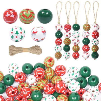 Weihnachts-Holzperlen, 120 Stück, mit Hanfschnur, 16 mm, bunt
