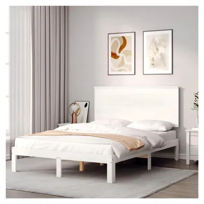 Produktbild von Massivholzbett mit Kopfteil, Doppelbett aus Holz für das Schlafzimmer, Bettrahmen mit Lattenrost, Weiß 120x200cm