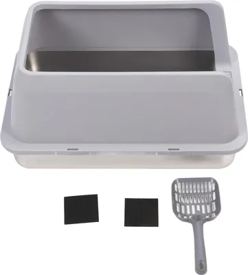 Obrázek produktu pro Nerezový odnímatelný box s vysokými bočnicemi pro kočky s ochranou proti rozsypání světle šedý