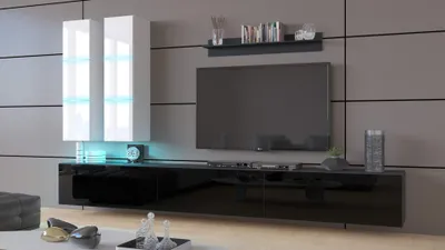 Immagine prodotto di Furnitech Parete attrezzata soggiorno - Parete attrezzata moderna - Parete attrezzata soggiorno con mensole e mobile TV - Mobile soggiorno senza LED (Egina AN50-18BW-HG3 1A)