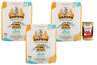 Produktbild von Caputo Italian Gourmet Bundle – Aria Weizenmehl Typ 0 mit Pasta Madre, 3×5 kg (15 kg) – ideal für Teglia Pizza, Focaccia & Pinsa, lange Teigführung möglich + Italian Gourmet Polpa