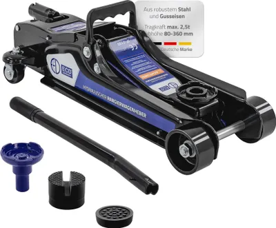 A hydraulic car jack and its accessories are displayed on a light gray background.