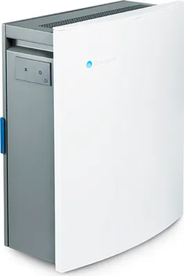 A white and gray air purifier is shown from a diagonal angle.